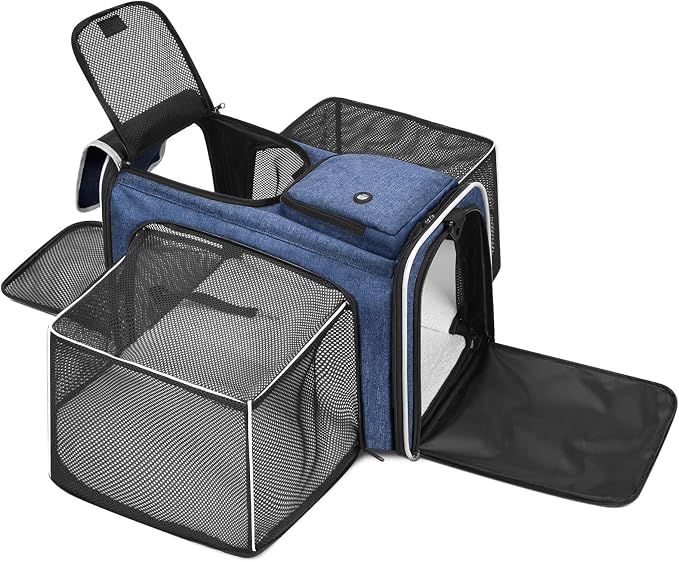Pet Carrier, Large Soft Sided Expandable Travel Carrier with Steel Frame, Anti-Scratch Mesh, Removable Fleece Pad and Pockets for Cats, Dogs and Small Animals up to 15 lbs (Blue, 4 Sides Expandable)