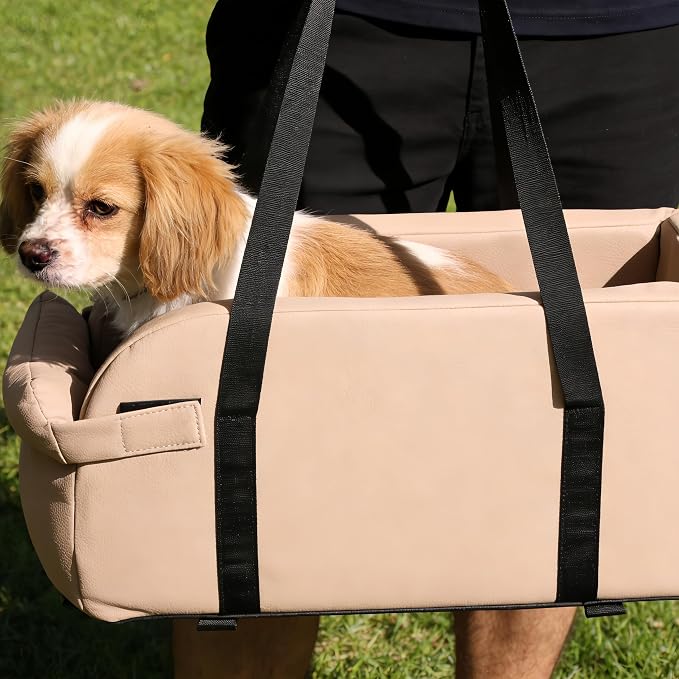 Center Console Dog Car Seat, Waterproof Small Puppy Carrier | Waterproof Faux Leather, for Dogs Under 9 lbs, 2-in-1 Console Dog Car Seat & Carrier, Sturdy Cushioned, Anti-Collapse Walls