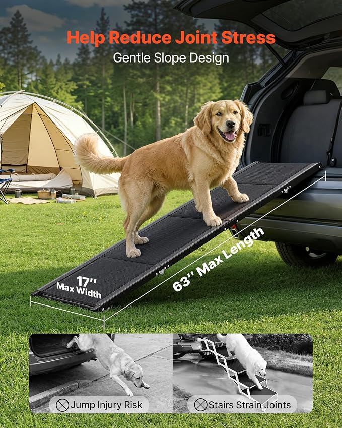 VEVOR Dog Ramp for Cars, 63" L x 17" W, Folding Pet Ramps for Medium & Large Dogs up to 250lbs, Pet Stair Ramp with Non-Slip Oxford Fabric Surface, Portable Outdoor Dog Car Ramps for SUV & Truck
