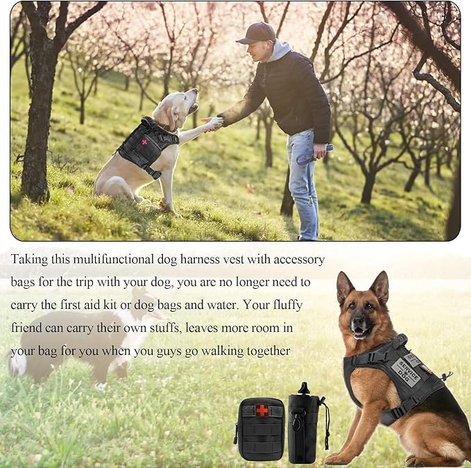 Tactical Dog Harness Vest with Pouches Training Outdoor Military K9 Harness Tactical Vest Detachable Medicine & Water Bags, 3 Patches