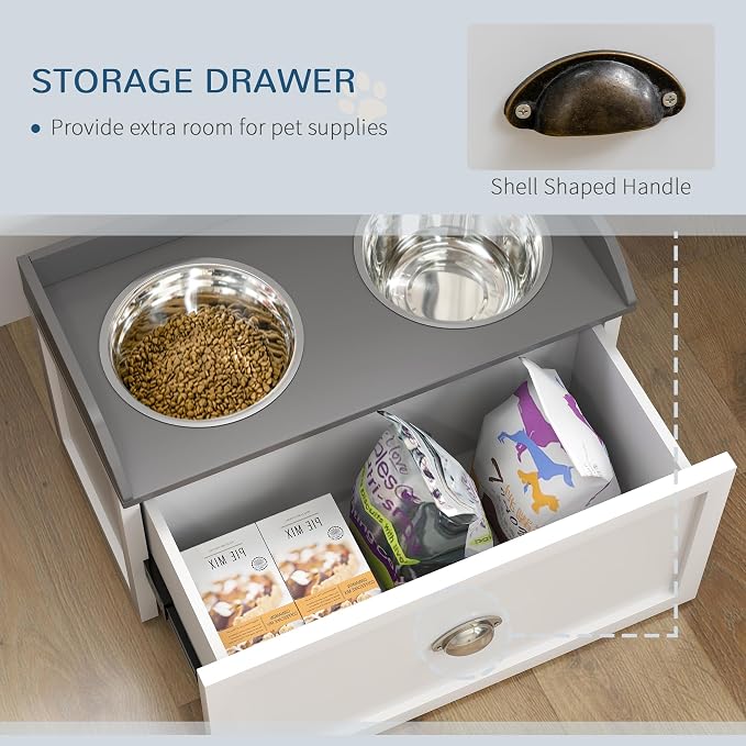 PawHut Dog Feeding Station with Drawer Dog Food Storage Cabinet White | 2 Removable Elevated Pet Bowls, for Large Sized Breeds