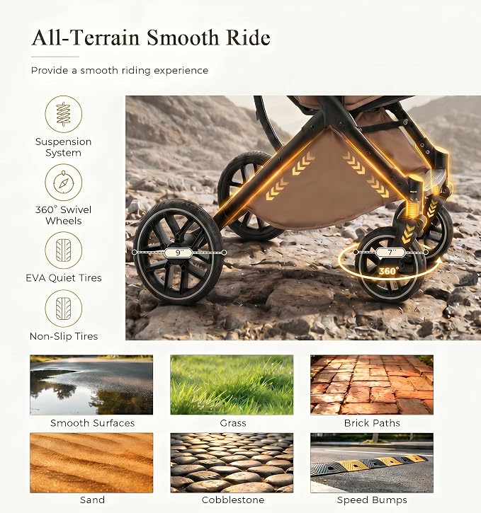 MUTTROS Dog Stroller, Pet Stroller for Small Medium Dogs & Cats Up to 66lbs, One Click Folding, Large Cat Stroller w/All Terrain Shock Absorbing Wheels, Reversible Handle, Multiple Pockets, Khaki