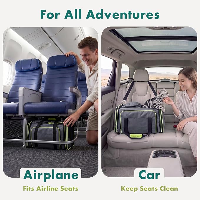 Large Expandable Cat Carrier, Airline Approved with Ventilated Top Side Panels, Durable Chew-Resistant 600D Fabric, for Cats and Small Dogs, Car Airplane Travel, Green