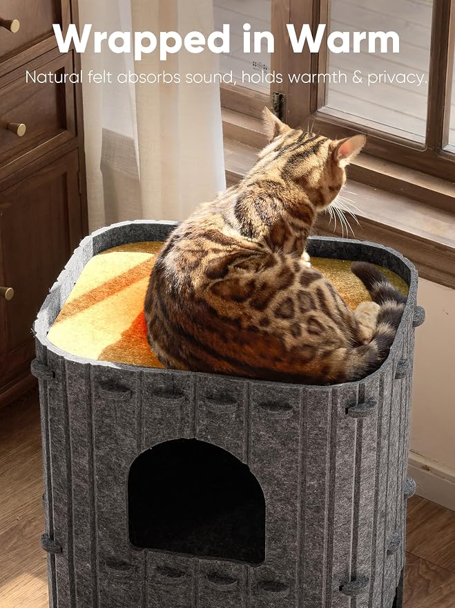 FUKUMARU Cat House for Indoor Cats, Warm Felt Cat Bed, Scratch Resistant | Large Cat Bed Cave, 3-in-1 Cat Condo, Cozy Felt Covered Cats Tunnel, 23.62 Inch Kitten Hideaway for Multicats, Dark Grey