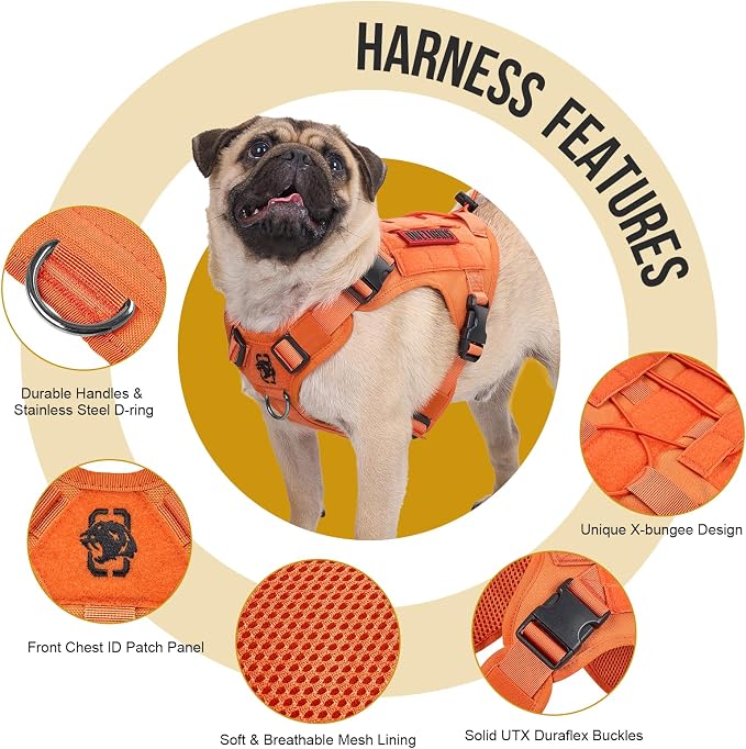 OneTigris Tactical Dog Harness Vest No-Pull Service Dog Vest for Large Dogs | 1000D Pullable Nylon, with Control Handle and Hook & Loop Panels, Easy On & Off, Adjustable for Walking Training Orange XL