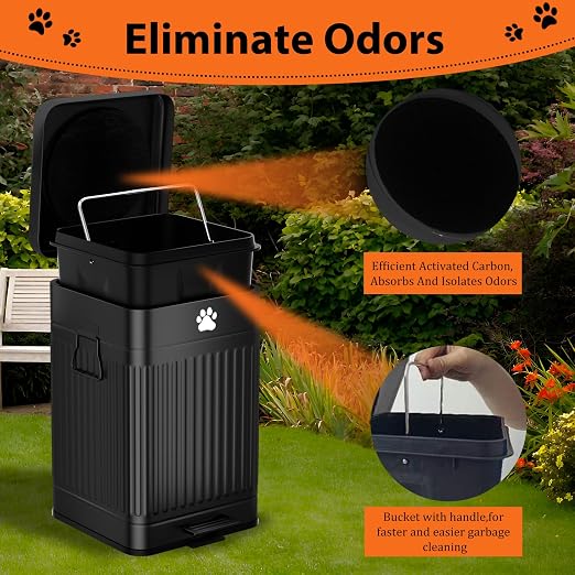 Dog Poop Trash Can Outside - 12L/3.1Gal Metal Outdoor Trash Can with Lid | Outdoor Dog Poop Trash Can with 40 Bags and Removable Inner Bin, Dog Waste Container with Lid Soft Close, Rectangular Black