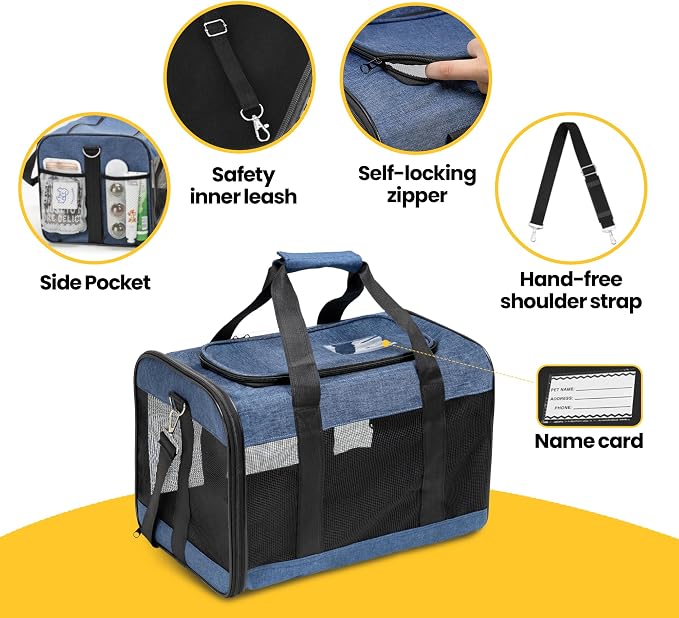 Conlun Dog Carrier Soft Sided, Large Cat Carrier with Inner Safety Leash, Pet Transport Carrier for Large Cats and Medium Dogs up to 20 Lbs, Collapsible Travel Puppy Carrier Bag -Blue L