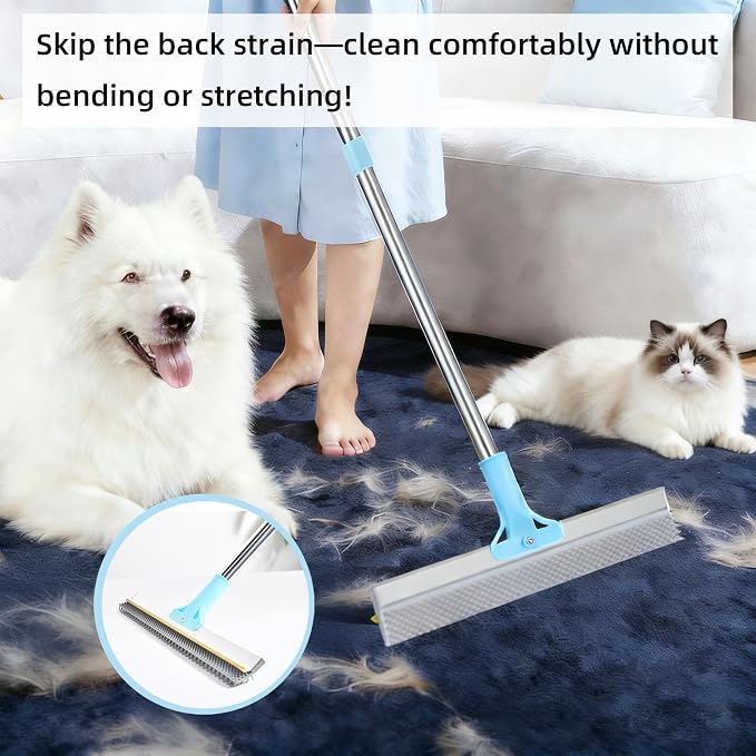 Lazyfeel Pet Hair Remover for Carpet & Upholstery, Adjustable Handle | Double-Sided Rubber Carpet Rake for Dog & Cat Fur. 4-Piece Kit: Rake, Mini Brush, Gap Scraper, Grooming Glove. Reusable.