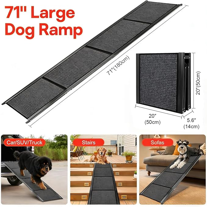 Dog Ramp for Large Pets 71" Non-Slip Car Ramp Stairs | Portable 300 lbs Capacity SUV Truck Ramp with Felt Surface, Protects Joints – Ideal for High Profile Vehicles, SUVs & Pickups