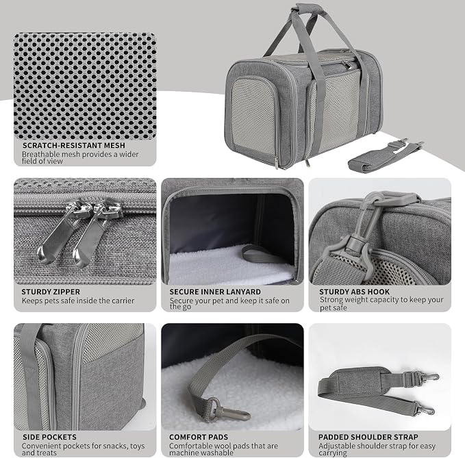 Cat Carrier, Soft-Sided Airline Approved Pet Carrier Case with 4 Ventilated Windows for Cats and Dogs Under 10-25Lbs (17.0 L x 11.0 W x 11.0 H Inch, Grey)
