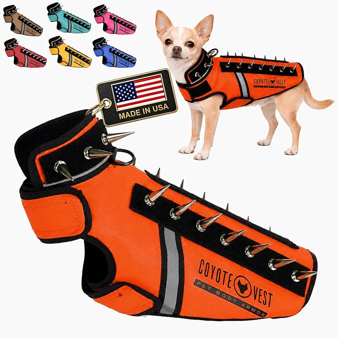 CoyoteVest SpikeVest Dog Harness, Made in the USA, XXS-Fluorescent Orange | Stab-Resistant Protective Vest | Coyote Vest for Dogs | Defends Against Coyotes, Dogs, Birds of Prey | Reflective Safety