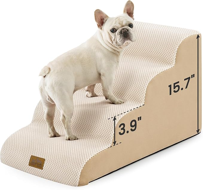 Dog Stairs for Small Dogs 15.7" H, 4-Step Sturdy Foam Dog Steps for Couch and Bed, Curved Pet Stairs for Puppy and Older Cat, Doggie Ladder with Washable Cover, 15.7x28.3x15.7 inch, Beige
