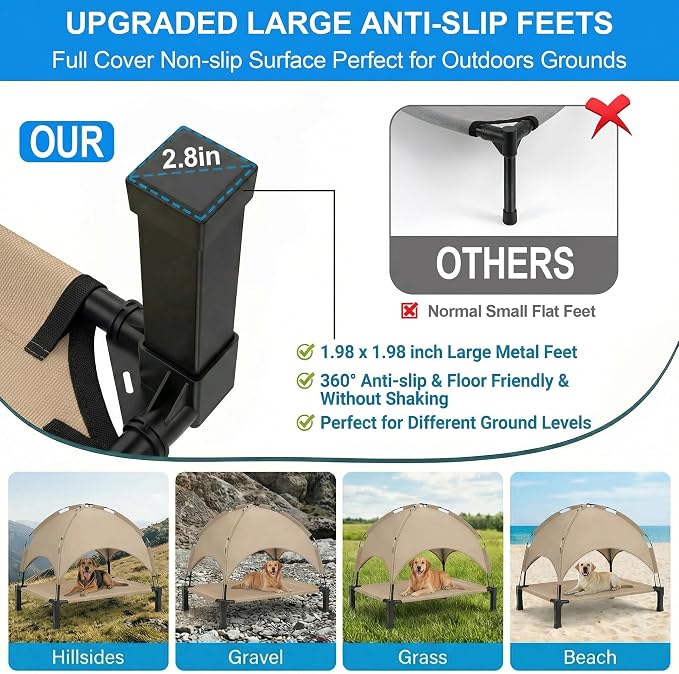 Elevated Dog Bed with Canopy Raised Pet Cot for Large Dogs, Outdoor Dog Cot with Removable Sun Shade Tent, Breathable Mesh Portable Dogs Cot for Camping, Beach, Backyard, Outdoor Use