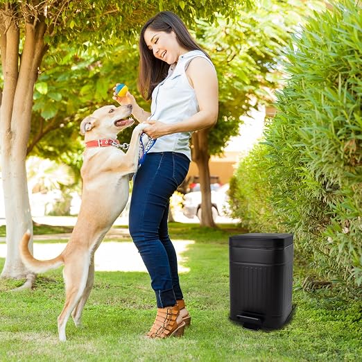 Dog Poop Trash Can for Outdoors Dog Waste Station with Lid Hands-Free Pedal 1 Gallon Container Home Kitchen with 1 Roll 50PCS Litter Bag & 6 Activated Carbon Filter T-5L-F-B