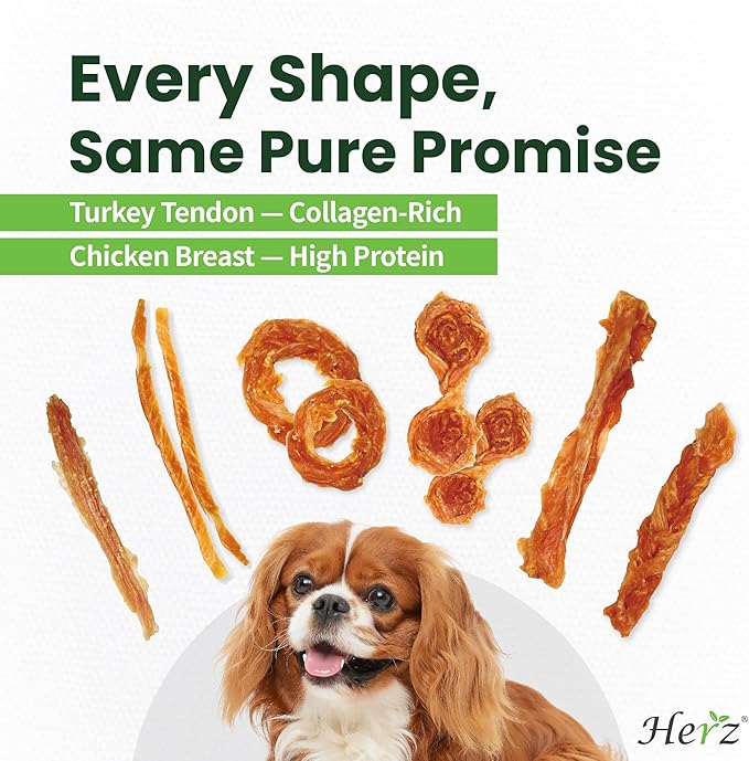 Herz Turkey Tendons for Dogs, Duo-Protein, Hypoallergenic Puppy Treats, USA-Sourced, Rawhide Free, Long Lasting Chews, Turkey Tendon & Chicken, Healthy Dog Treats for All Dogs, Strips, 3 oz Pack