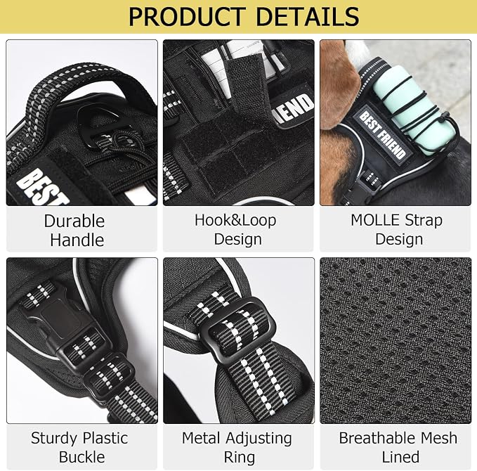 Heavy Duty Dog Harness with Handle, No Pull Adjustable Outdoor Vest with Metal Buckles, MOLLE Panel & Reflective Strips for Medium Large Dogs