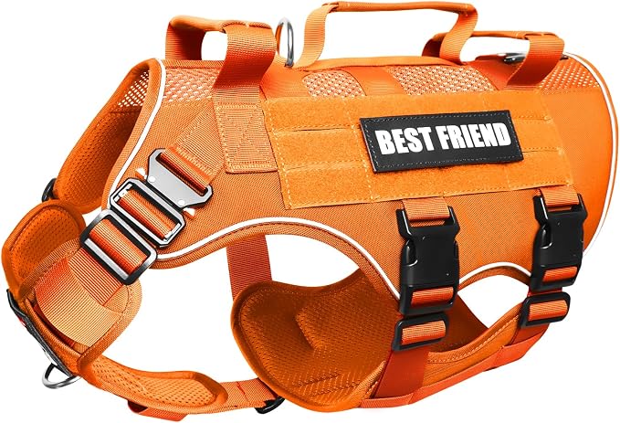 Air Mesh Tactical Dog Harness with Metal Buckles&MOLLE,Orange Large | Breathable Adjustable No Pull Service Dog Vest with 3 Padded Handles,Military Dog Harness for Training Hiking Hunting Working