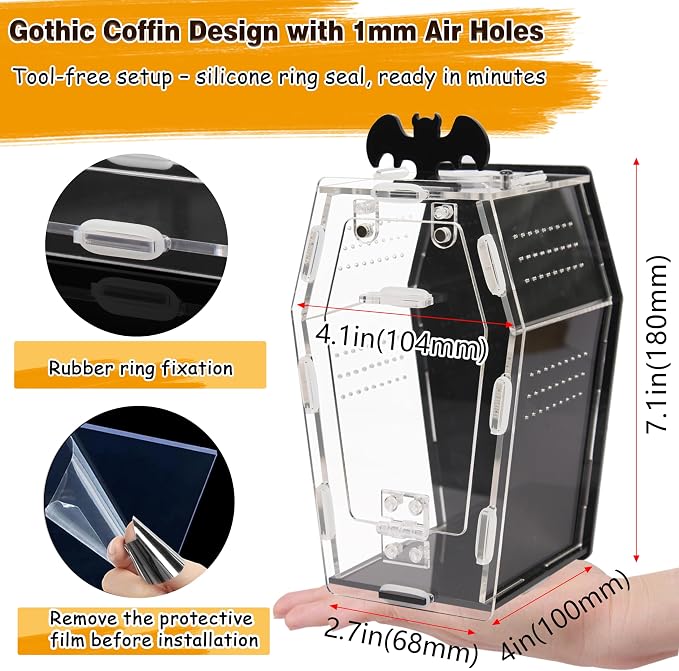 19Pcs Acrylic Spider Enclosure Kit with Magnetic Lock | Gothic Coffin Design, 3mm Acrylic, Magnetic Feeding, Mini Furniture 9Pcs, Spider Enclosure, DIY Kit