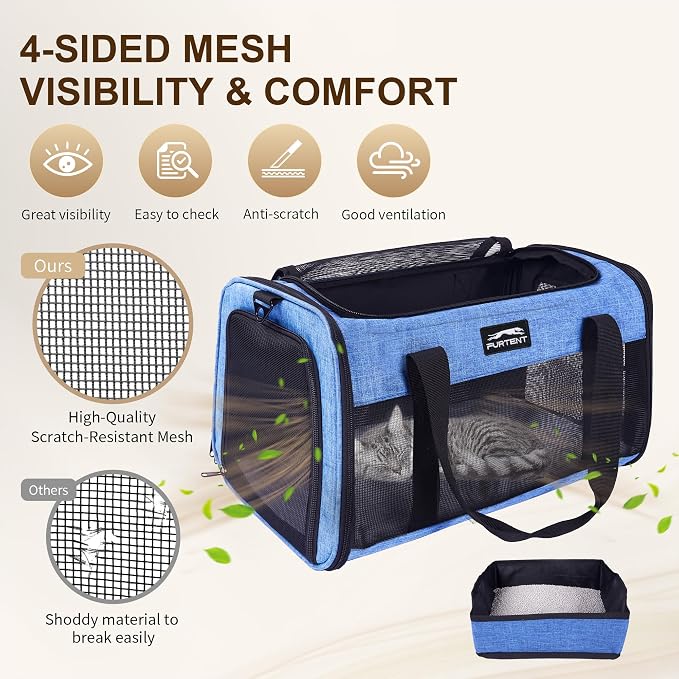 Pet Carrier Airline Approved, Soft Sided Cat Carrier for Small Pets up to 13 lbs, TSA Approved Dog Travel Bag, Portable Soft Sided Pet Carrier for Kittens and Puppies (Blue, Travel Litter Box)