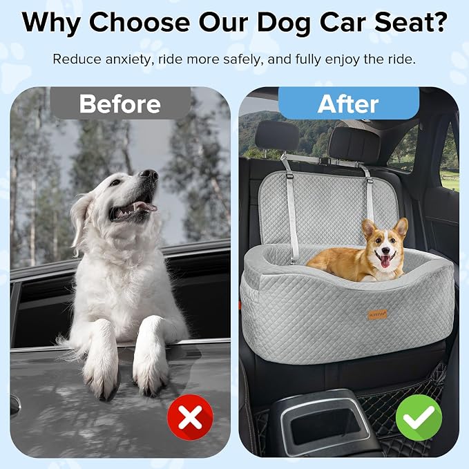BLVRYVIO Large Dog Car Seat for Medium Sized Dogs Under 55lbs or 2 Smalls | Pet Booster Dog Seat for Car with 4" Memory Foam for Back Seat, Triple Safety Belts, Storage Pockets, Washable, Black