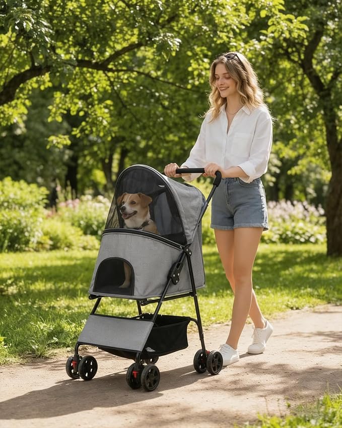 Pet Stroller for Small Medium Dogs Cats - Lightweight Foldable Dog Stroller | 33lbs, 4 Wheels All Terrain Cat Stroller, Breathable Mesh & Safety Tether, Storage Basket for Outdoor Walks-GRAY