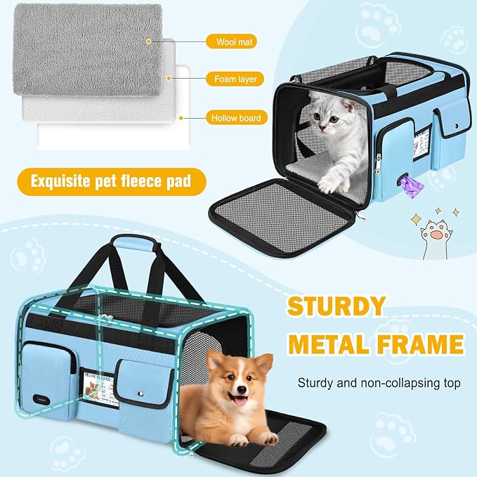 HUANLANG Cat Carrier Airline Approved,Soft-Sided Dog Carriers for Small Dogs Medium Cats,Pet Travel Carrier Up to 20 Lbs,Collapsible Cat Bag
