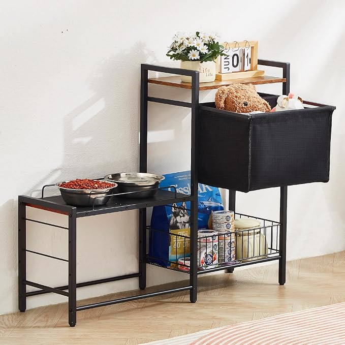 VEVOR Pet Feeding Station with Storage, 4 Height Adjustable Elevated Dog Bowl, Dog Bowls Stand with Toy Bin Basket, Raised Feeding Station Cabinet, Pet Storage Organizer for Large Medium Small Dogs