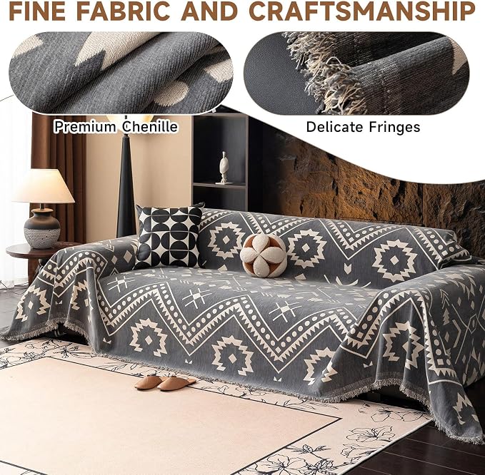 VClife Aztec Geometric Chenille Couch Cover Washable Sofa Cover for 2 Cushion Couch Sofa Retro Vintage Gray White Tribal Pattern Sofa Slipcover for Sectional Couch 71" X 118"
