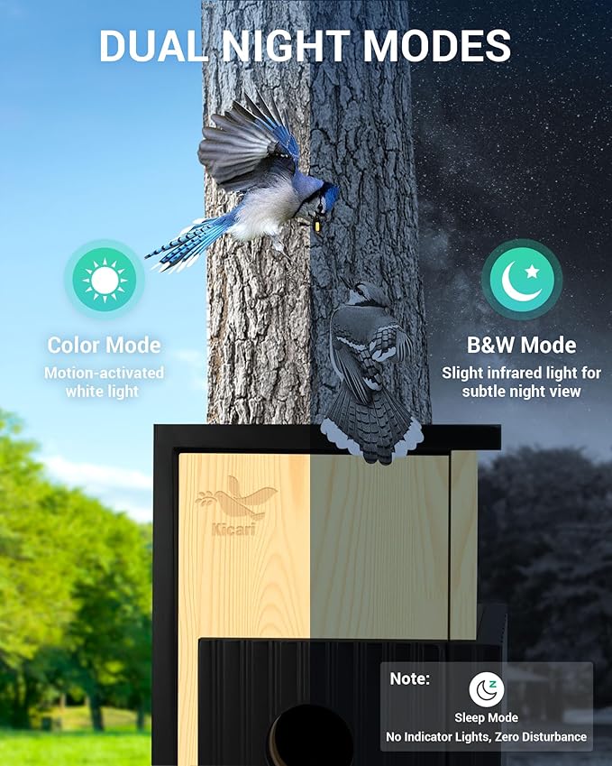 Kicari Bird House with Camera 2K HD, Solar & Battery Powered, Dual Night Vision, PIR Motion Sensor, Two-Way Audio, WiFi App Control, Smart Weatherproof Wooden Bluebird Nest Box for Outdoors, Natural