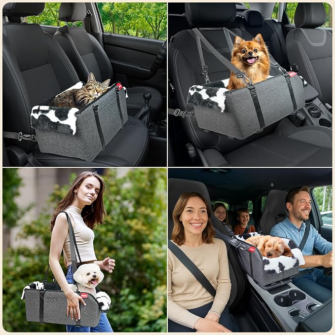 BurgeonNest Center Console Dog Car Seat for Small Pets to 11lbs, Milk Cow | Anti-collapse armrest Console seat with washable fluffy cushion, pillow & tether for stable, cozy pet travel trips.