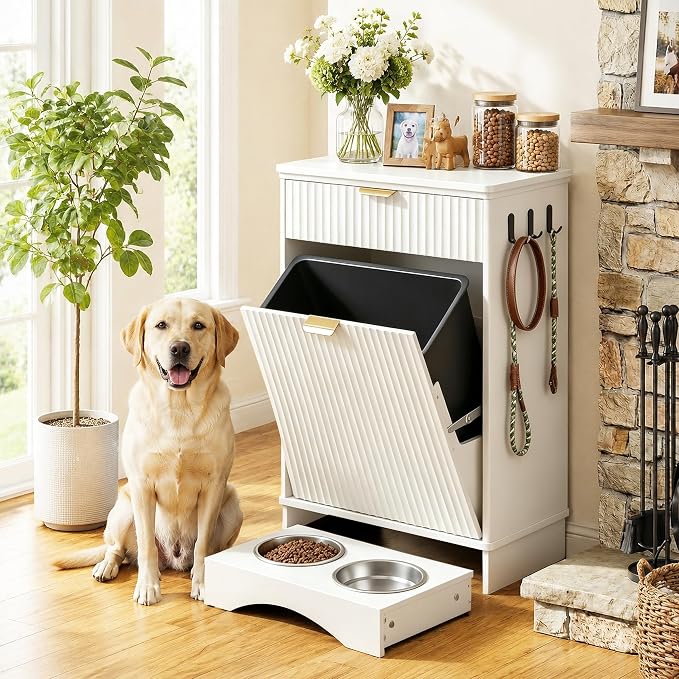Dog Feeding Station,Dog Food Storage Cabinet,Pet Feeding Station with 2 Elevated Bowls,Hidden Pet Feeder Station with Hooks (Tilt-Out Dog Feeding Station-White)
