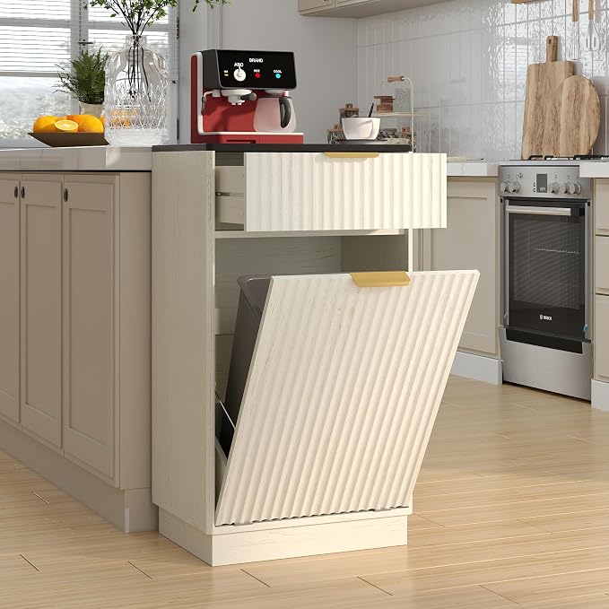 10-Gallon Single Tilt Out Trash Can Cabinet with Drawer,Kitchen Trash Can Cabinet Garbage Recycling Cabinet Wooden Dog-Proof Trash Cabinet for Dining Room and Kitchen,Laundry Room