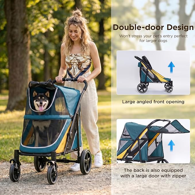Dog Stroller for Medium/Large Dogs One-Click Folding, Extra Large Pet Stroller for 2 Dogs with Storage Pocket & Shock Absorption, Up to 130 lbs, Blue
