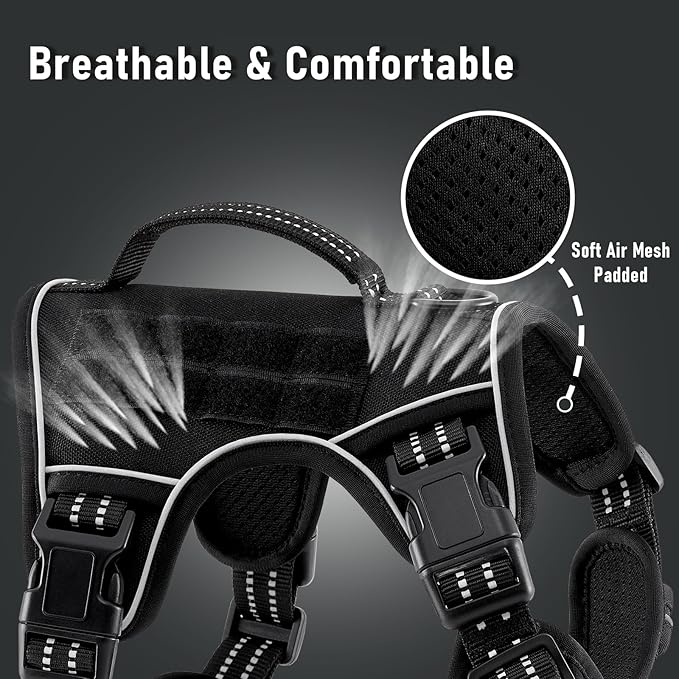 AUNZO Tactical Dog Harness for Large Dogs, for Golden Retriever, Labrador, German Shepherd etc, No Pull Reflective No Choke Adjustable and Padded Pet Vest Harness, Black, L