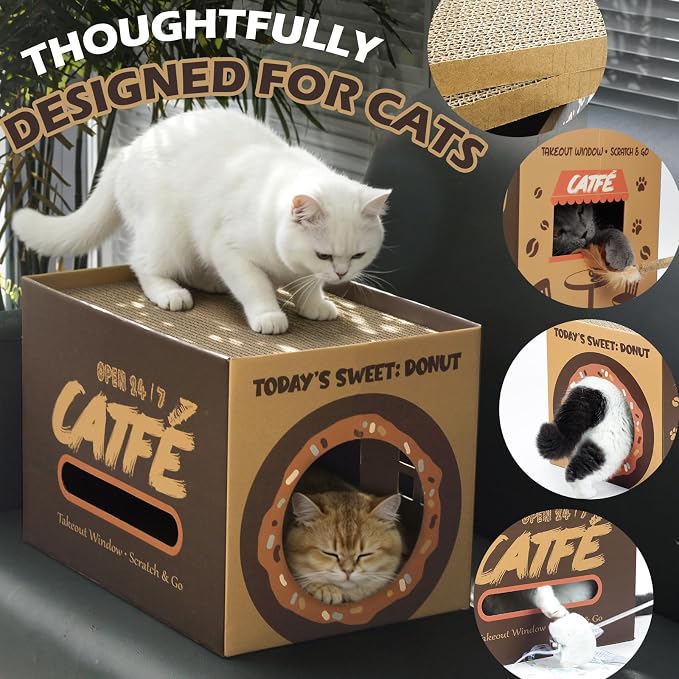 ARGOPET Cardboard Cat Scratcher House, Cozy Cardboard Design with 2 PCS Scratching Pads, Cat Scratcher Box & Bed, 17-Inch Corrugated Cat Scratcher, Safe and Secure for Kittens, Easy to Assemble（Brown）