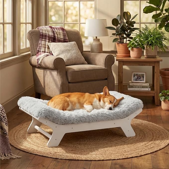 Elevated Wood Dog Bed Frame Mat Set, Whitecolor, Medium | Raised Sturdy Attractive Dog Sofa Couch Furniture,55 lb