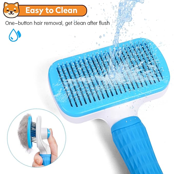 Dog & Cat Brush Kit 2PCS, Self Cleaning Slicker Brush for Pets, Upgraded Dog Brush for Shedding Massaging and Grooming, Removes Loose Undercoat & Portable Comb for Long Short Haired Dogs(Blue)