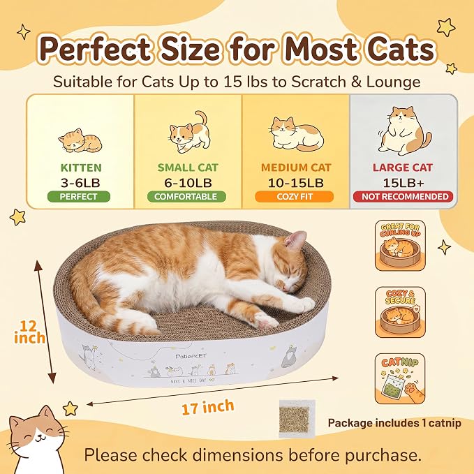 PatiencET 2-in-1 Oval Cat Scratcher Bed, Cardboard Lounger Scratch Bowl | Pad for Indoor Cats and Kittens, Corrugated Kitty Scratching Board, Durable Furniture Protector
