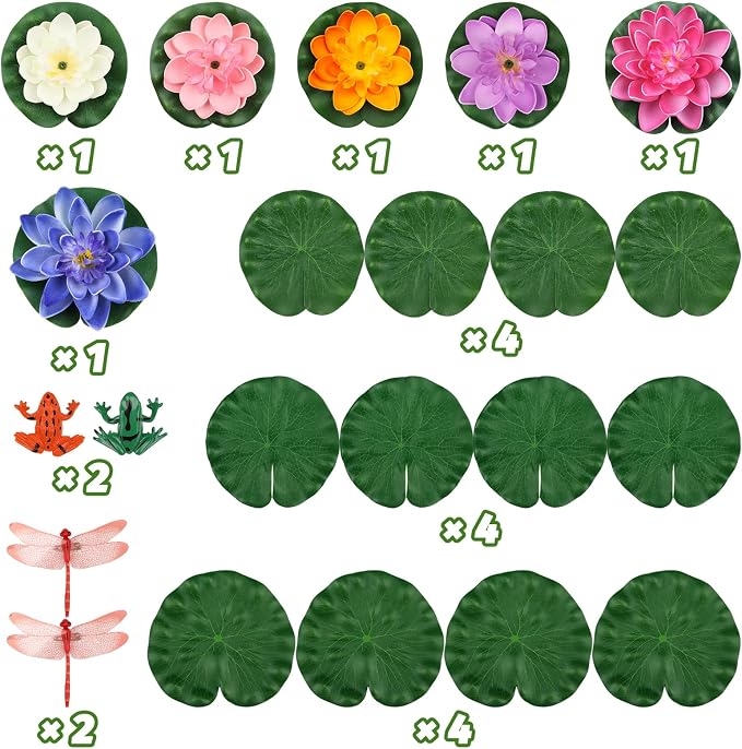 QUOZUO 22 Pack Artificial Floating Foam Lotus Flowers with Artificial Frog Lotus Leaves, Lily Pads for Lake, Pond Plants Ornaments for Pool Water Decoration, Colorful