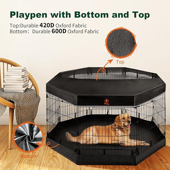 PJYuCien Dog Playpen - 8 Panels 42 inchH Metal Foldable Exercise Pen, Pet Fence Puppy Crate Kennel Indoor Outdoor with Top Cover & Bottom Pad for Medium Large Pets Black…