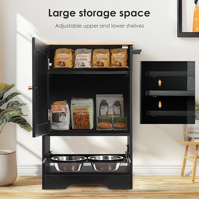 Feeding Station with 1 Storage Cabinets, Pet Feeding Station with 2 Elevated Dog Bowls, Side Hooks, Anti-tip Kit, Hidden Pet Feeder Station for Feeding & Watering, Black