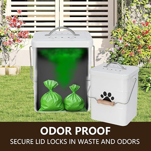 Small Dog Poop Trash Can Outside,1.5Gal/6L Metal Dog Waste Trash Can with Lid/Filter/Handle,Pet Waste Container Bucket with 75 Trash Bags-White
