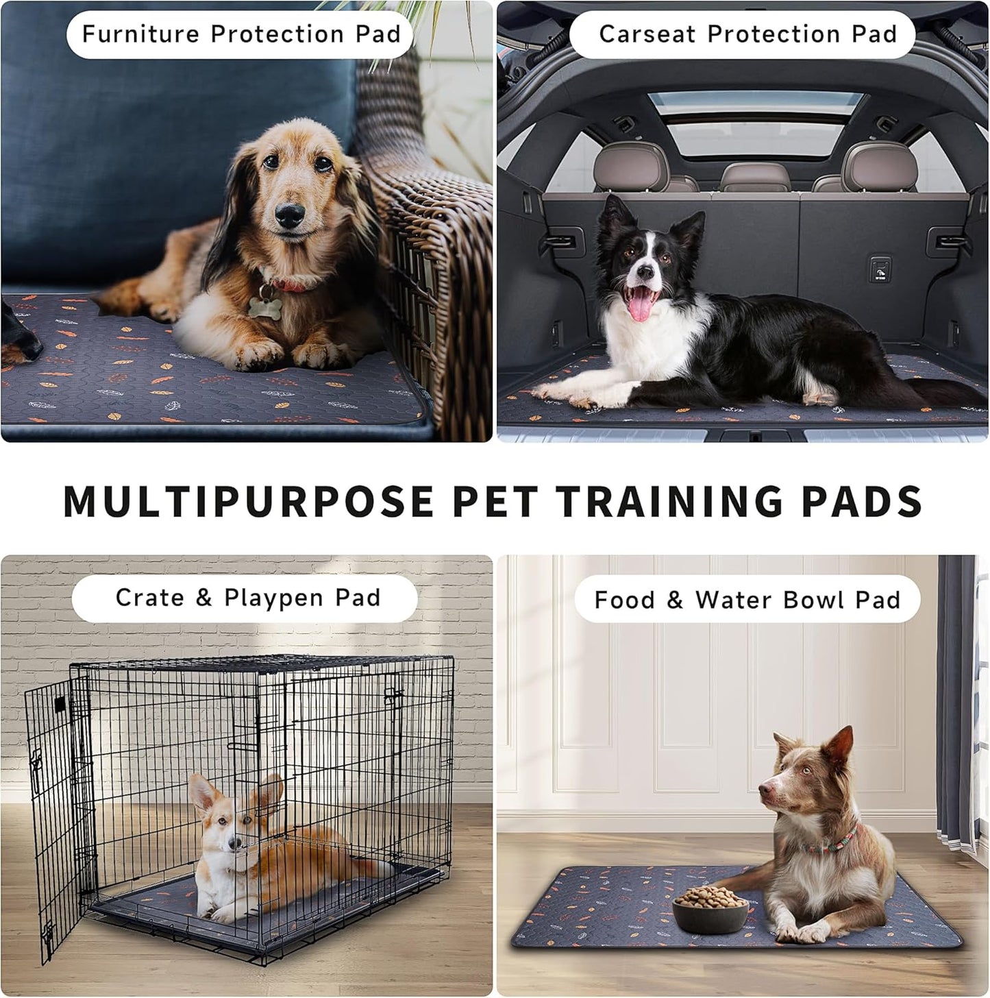 Sunheir Washable Pee Pads for Dogs 2-Pack Reusable Puppy Pads Pet Training Pads, Waterproof Dog Pee Pads for Crate, Whelping Pad, Non-Slip Protects Against Urine Leakage (Leaves - Deep Grey, 31x36)