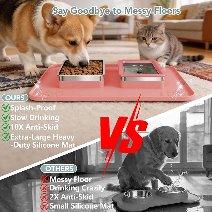 Dog Bowl Set, No Spill Dog Water and Food Bowl with Silicone Mat | Large Capacity 304 Stainless Steel Bowls, 2-In-1 Set, Slow Drinking, Anti-Slip Silicone Feeding Mat, Home/Travel, 6-7 Cups