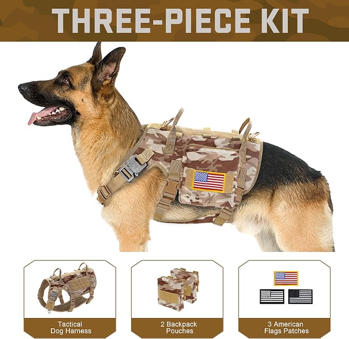 Forestpaw Tactical Dog Harness Pouches and Patches Set,M,Camo Brown | Adjustable Fits 22-35" Chest,30-80 lbs,No Pull Military Style Service Dog Vest for Daily Walking Training,Medium Dogs