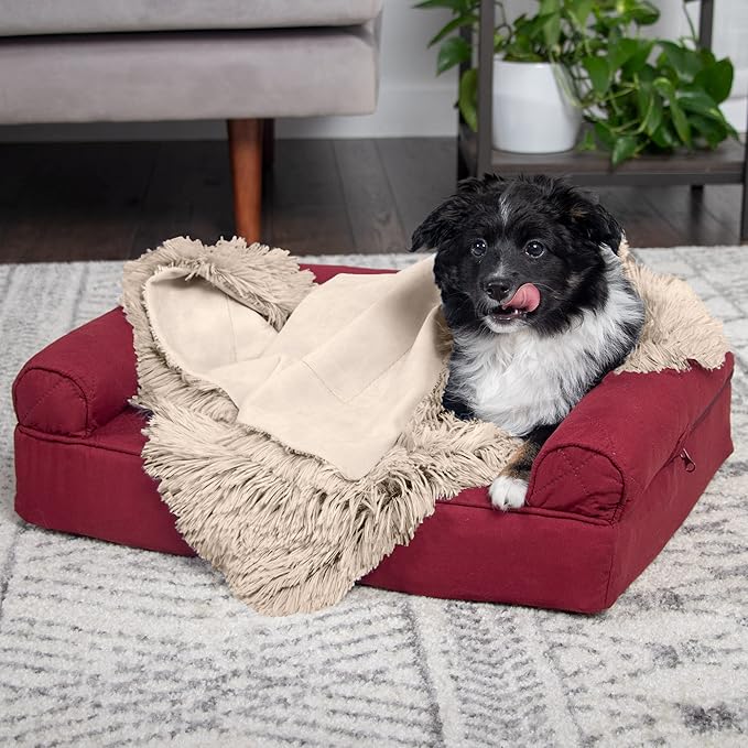 Furhaven Waterproof Throw Blanket for Dogs & Indoor Cats, Reversible Protective Pet Blanket, Small, Long Faux Fur & Velvet, Taupe