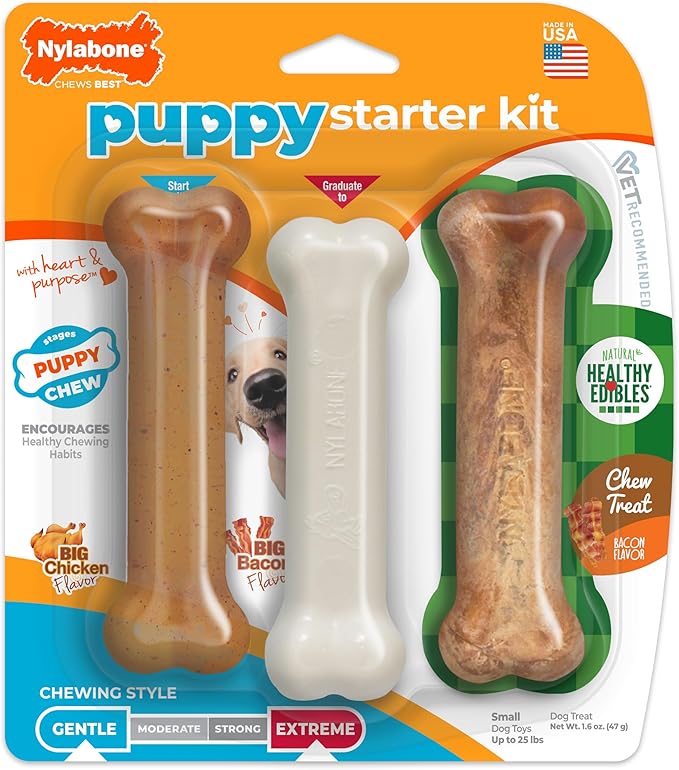 Nylabone New Puppy Starter Kit, 2 Chew Toys and 1 Natural Treat for Puppies, Puppy Teething Toy, Bacon & Chicken Flavor, Small Dogs - Up to 25 lbs., 3 Pack