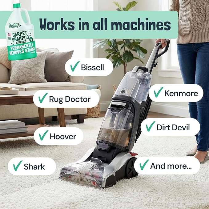 Sunny & Honey Carpet Cleaner Shampoo Solution for Machines, 1 Gal Mint | USA Made - Stain and Odor Eliminator - Cleans Carpets and Upholstery - For Upright and Spot Cleaners - Concentrated Formula