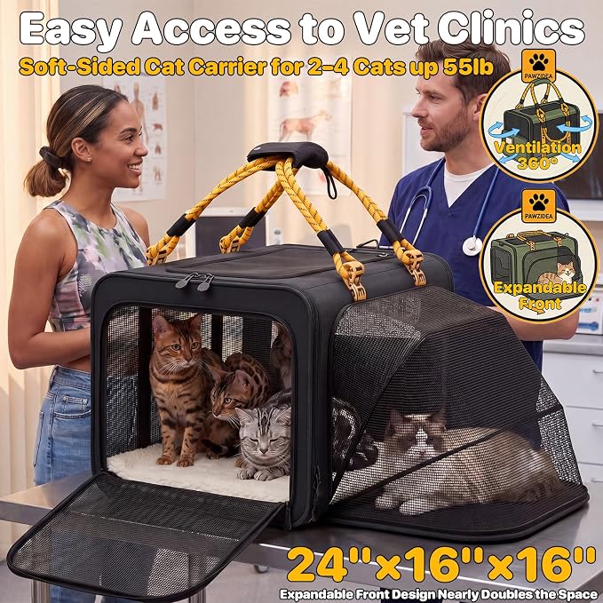 PAWZIDEA Large Pet Carrier Expandable, 24"×16"×16" Soft-Sided Cat Carrier for 2–4 Cats up 55lb, Portable & Collapsible Small Medium Dog Travel Crate for Car, XL Storage Pocket, ID Card, Shoulder Strap