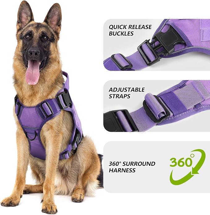 WINGOIN Purple Tactical Dog Harness for Small Dogs,No Pull Dog Harness | with Handle,Adjustable Reflective,Military K9 Style,Big Size Dog Vest,for German Shepherd,for Walking Training Hunting